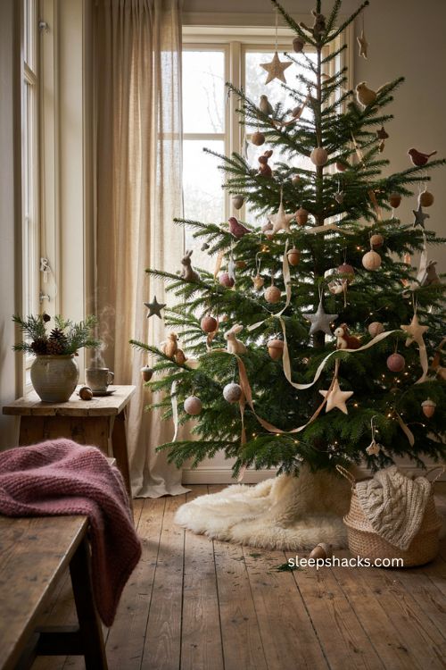 Warm Christmas decor with soft felted woodland ornaments and faux fur tree skirt 