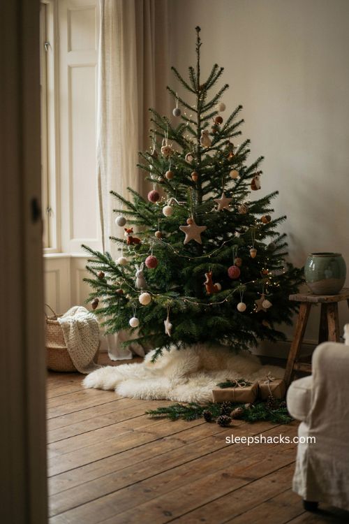 Warm Christmas decor with white faux fur tree skirt and natural felt ornaments 