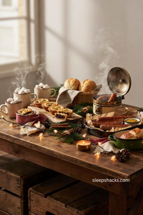 Warm Christmas food and drink stall ideas with hot chocolate mince pies and bratwurst 
