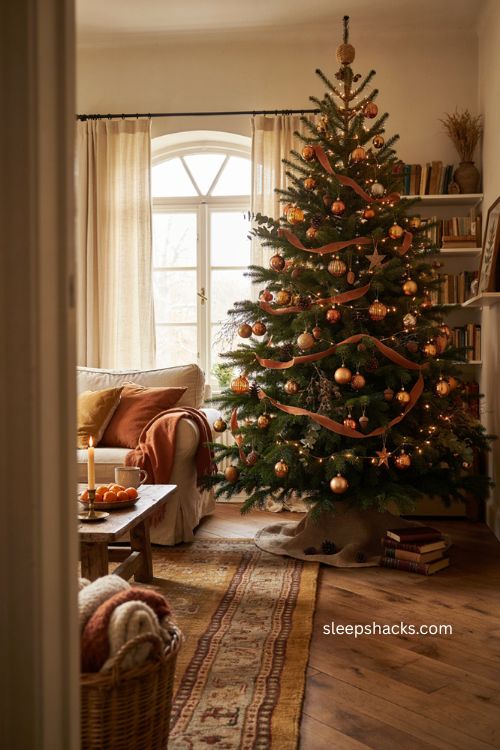 Warm amber and chestnut fall Christmas tree with rustic ornaments