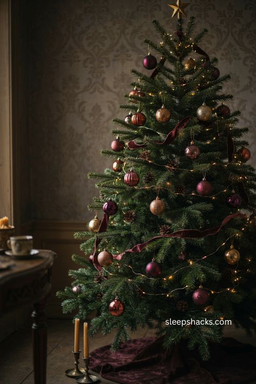 Warm amber fairy lights for a moody Christmas tree