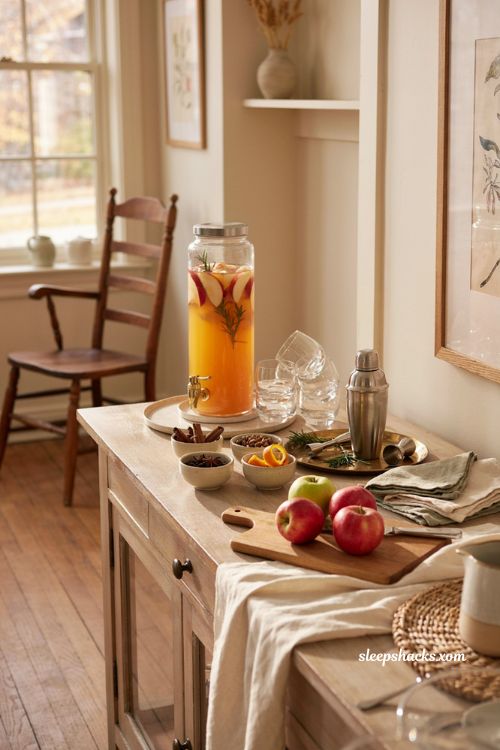 Warm apple cider drink station with rosemary apples and simple Thanksgiving cocktail bar
