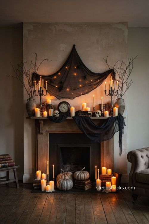 Warm battery candle Halloween fireplace mantel with black cheesecloth spiderweb and glowing decor