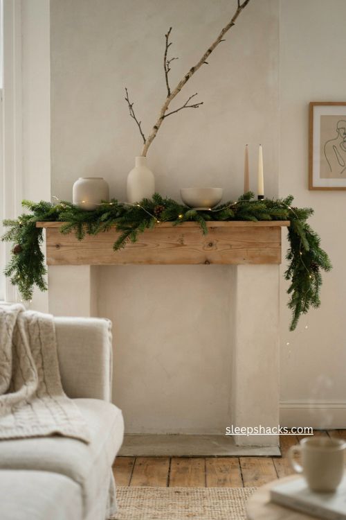 Warm christmas lights woven through evergreen garland on modern mantel 