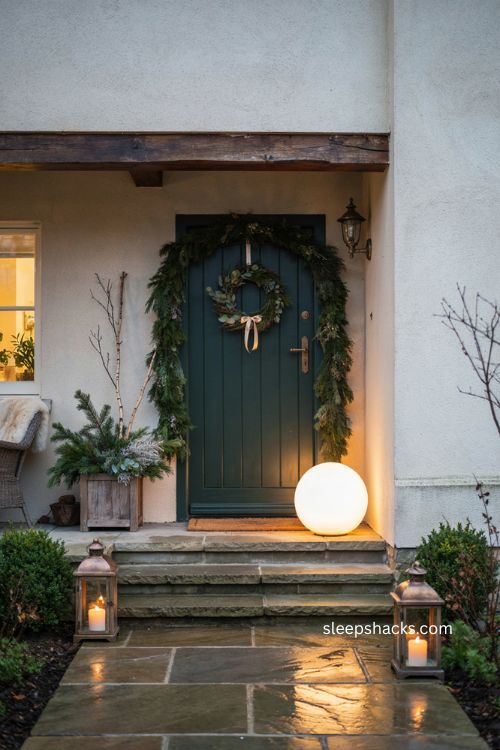 Warm glowing outdoor glam Christmas decor ideas with lanterns
