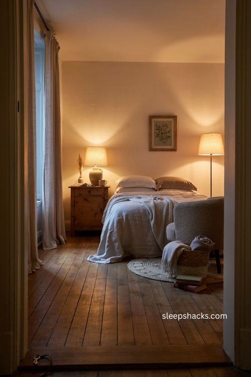 Warm guest room lighting with bedside lamp floor lamp cozy bedding and relaxing layered glow 