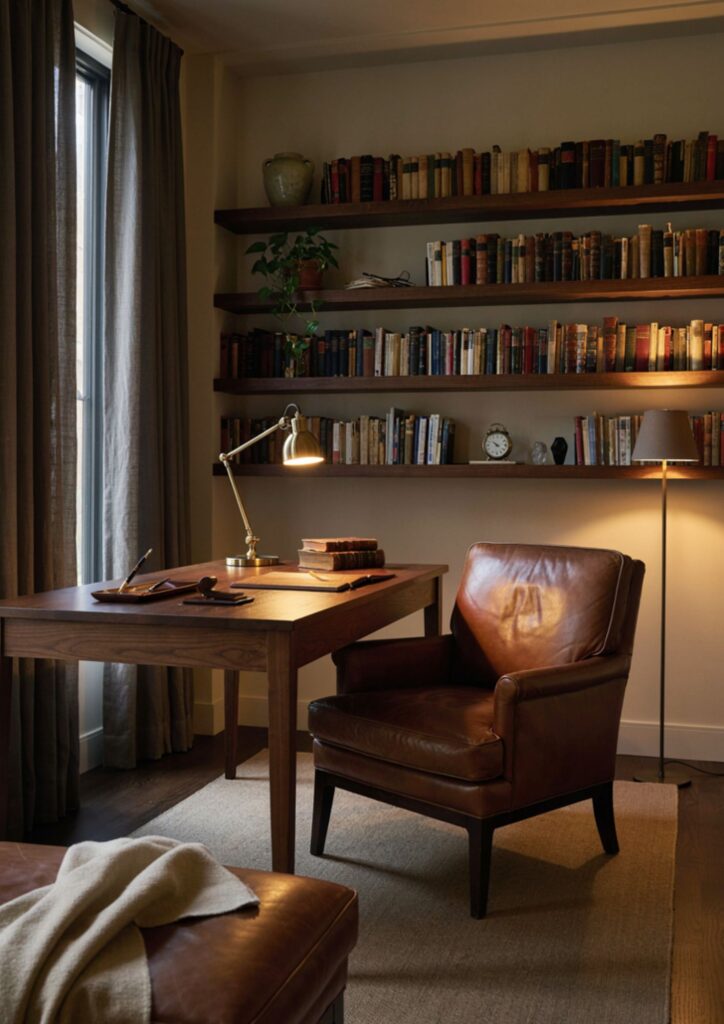 Warm layered lighting with brass desk lamp in a moody mens home office