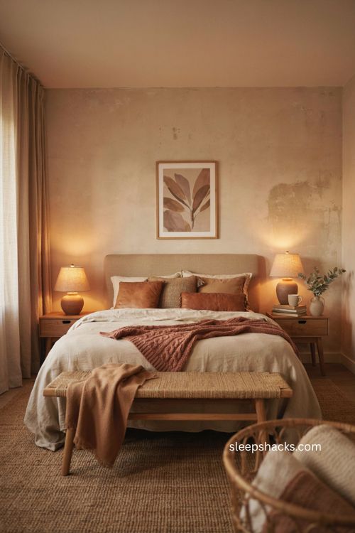 Warm neutral bedroom with spice tones creamy linen and cozy natural textures 