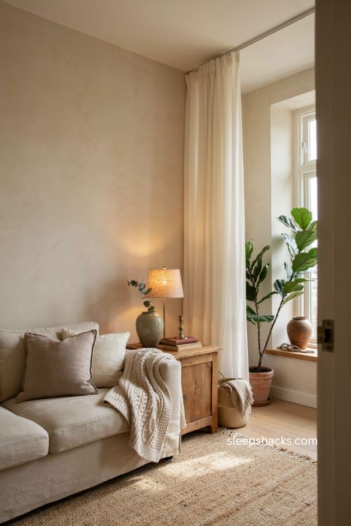 Warm neutral therapy office with oatmeal sofa cream walls woven textures and earthy accents 