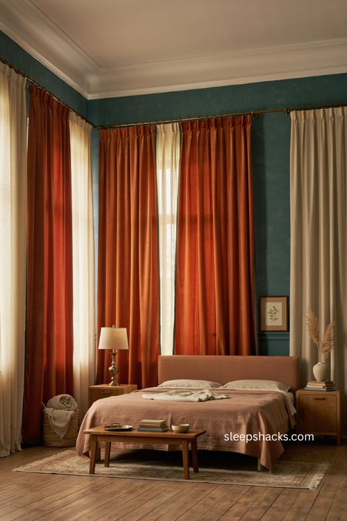 Warm orange curtains framing large windows in a teal bedroom