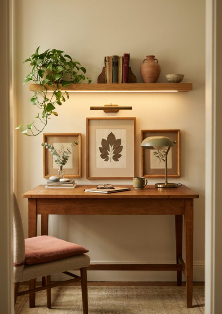 Warm picture light and shelf lighting for cozy home office wall decor