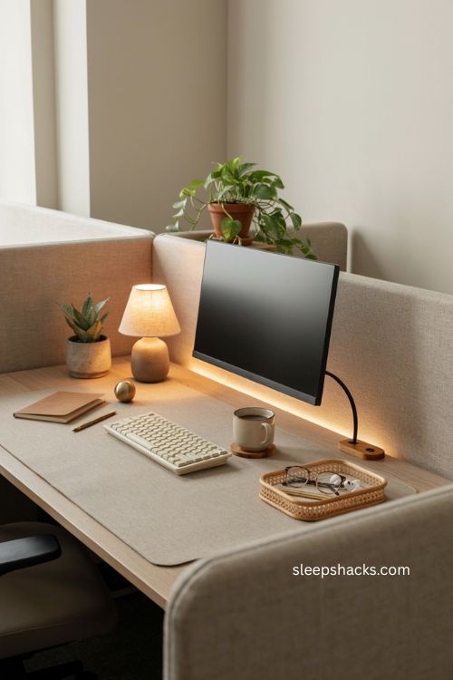 Warm soft lighting ideas for a cozy cubicle with a desk lamp