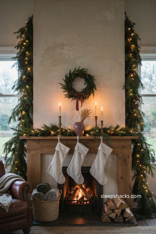 Warm string lights chimney Christmas decor with evergreen garland