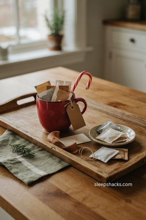 Warm tea and coffee Christmas mug gift with tea bags coffee packets and candy cane 