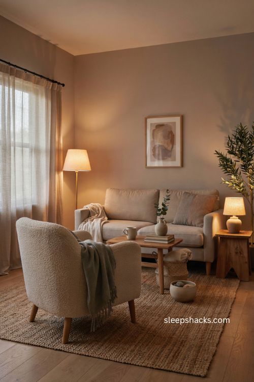 Warm therapist office lighting with cozy floor lamps table lamps and calming neutral decor