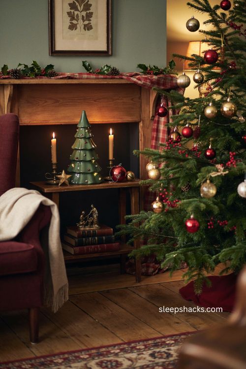 Warm traditional ceramic christmas tree with red gold plaid ribbon and pinecones