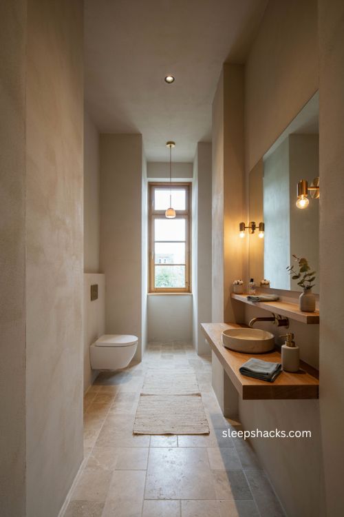 Warm wall lighting ideas for a narrow toilet room with brass sconces 