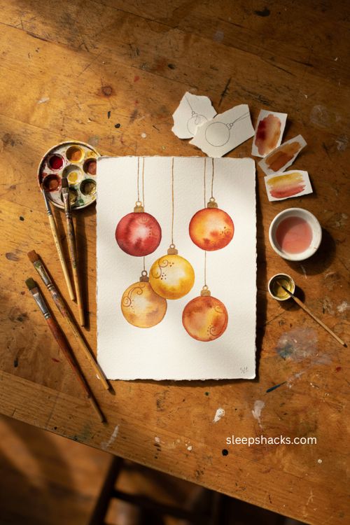 Warm watercolor hanging ornaments Christmas card cluster 