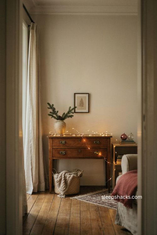 Warm white Christmas lights draped over furniture in a small living room 
