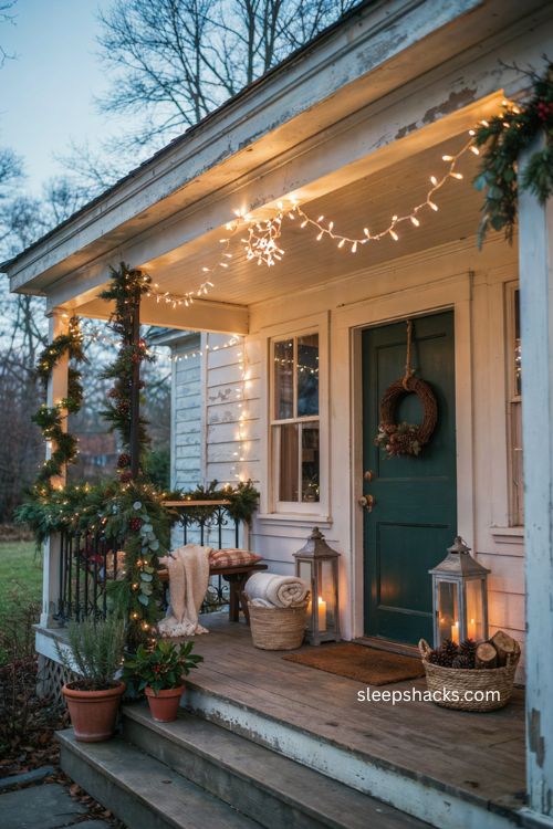 Warm white Christmas string lighting ideas for a front porch