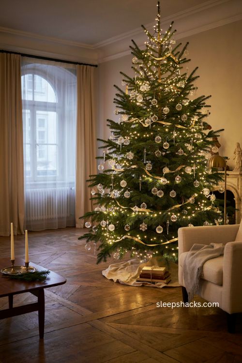 Warm white fairy lights crystal christmas tree with sparkling faceted ornaments and glowing winter decor 