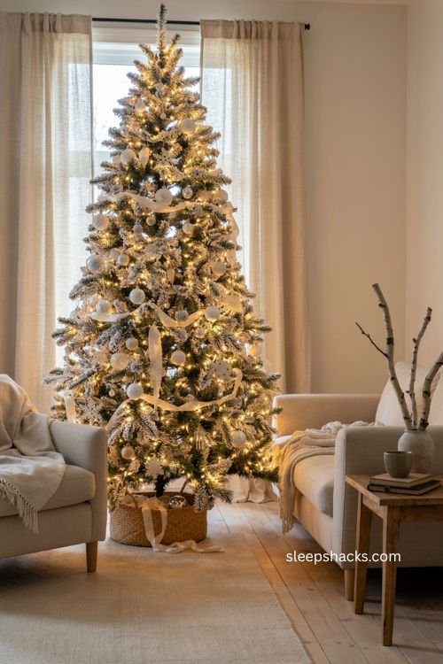 Warm white lights glowing on an all white Christmas tree 