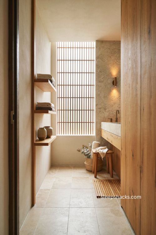 Warm wood bathroom with oak vanity teak accents natural stone and bronze fixtures 