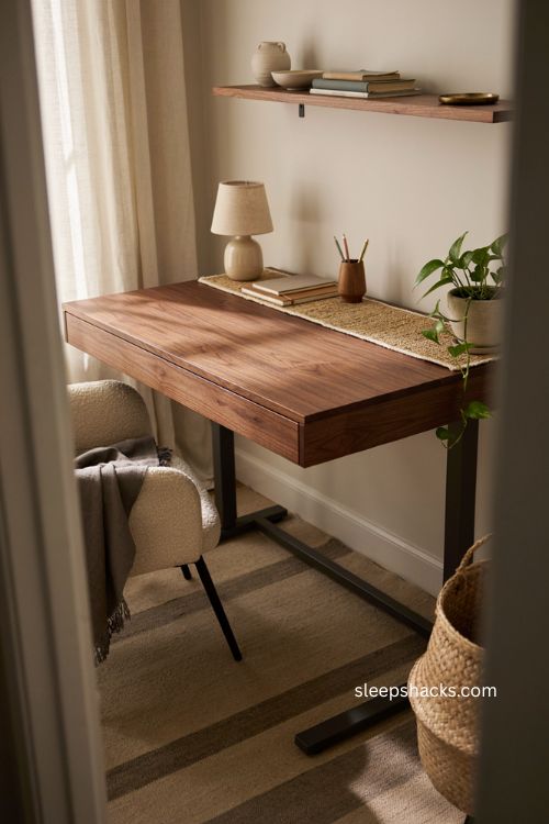 Warm wood standing desk with minimal frame in a cozy home office 