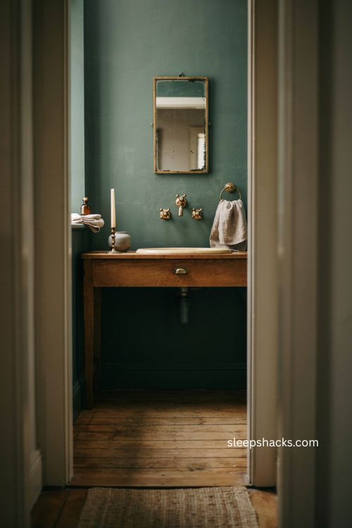 Warm wood vanity bathroom with dark walls vintage brass fixtures and cozy moody style 
