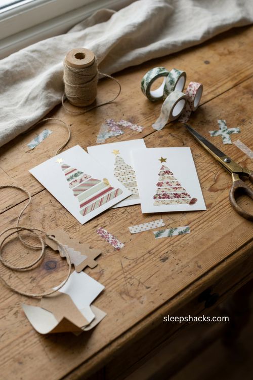 Washi tape Christmas tree cards with rustic paper supplies and easy handmade holiday craft ideas 