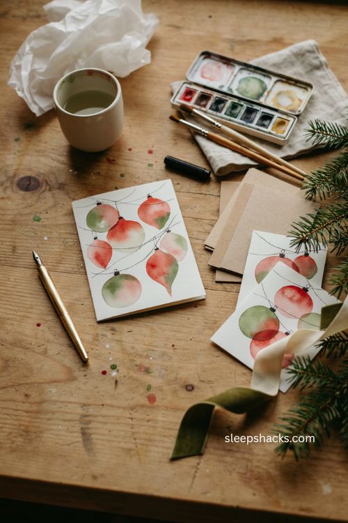 Watercolor Christmas ornaments card idea with red and green handmade details 