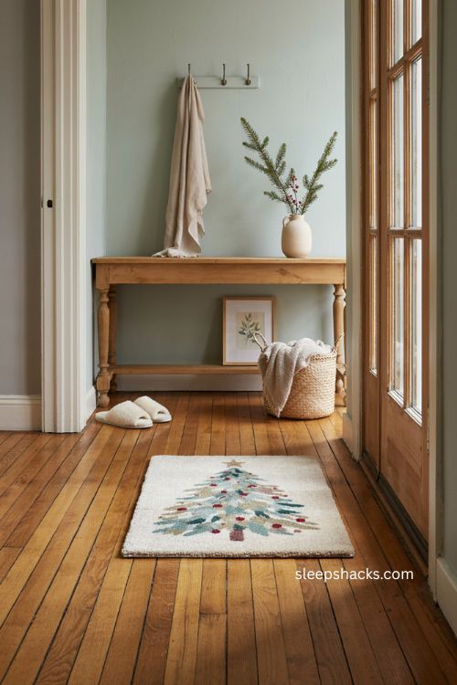Watercolor Christmas tree mat with soft colors and cozy indoor entryway decor 
