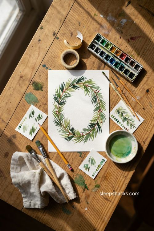 Watercolor evergreen winter frame Christmas card with berry accents 