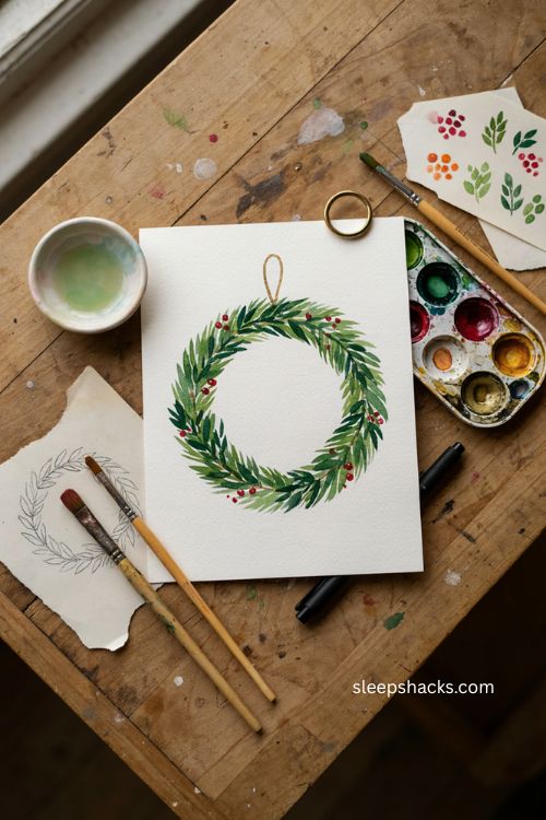 Watercolor evergreen wreath Christmas card with berries and gold 