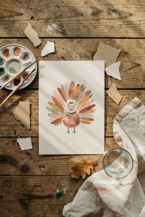 Watercolor feather photo turkey craft for baby Thanksgiving keepsake 