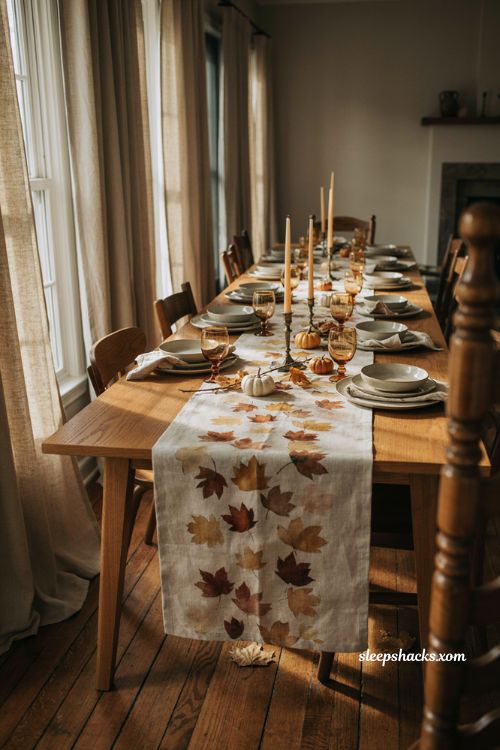 Watercolor maple leaf Thanksgiving table runner with warm autumn tones

