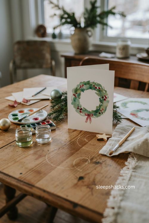 Watercolor wreath Christmas card for kids with soft green painted wreath red berries and calm handmade holiday craft 