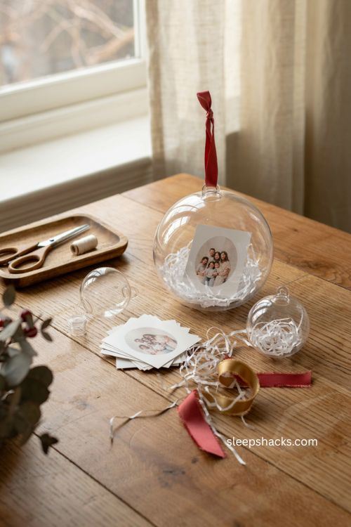 Waterless snow globe ornament Christmas craft with photo and crinkle paper keepsake 