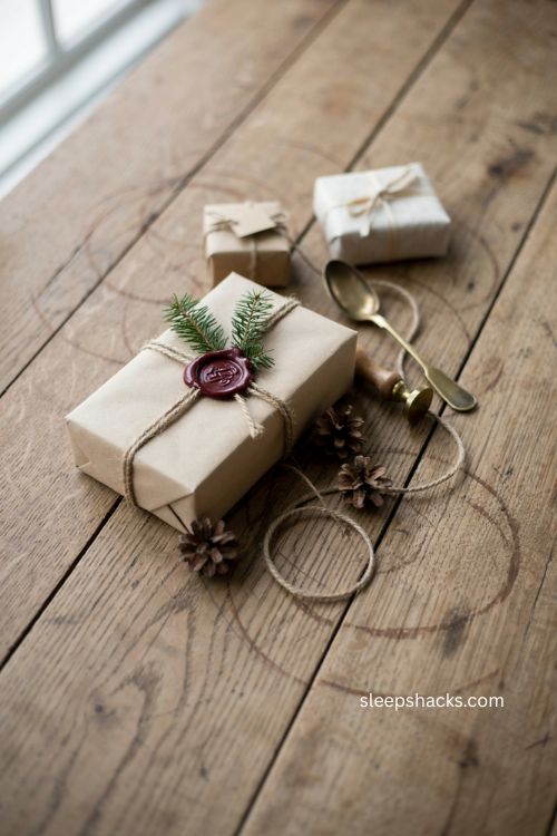 Wax seal Christmas gift wrapping with kraft paper and rustic twine 