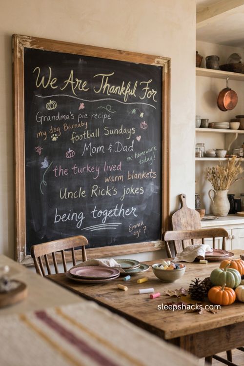 We are thankful for Thanksgiving chalkboard wall with family doodles and farmhouse dining decor 