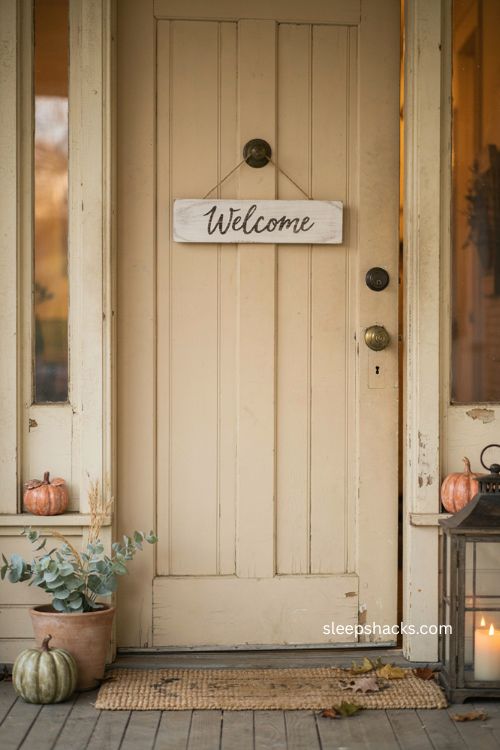 Welcome sign with painted pumpkin accents and versatile farmhouse fall porch decor 