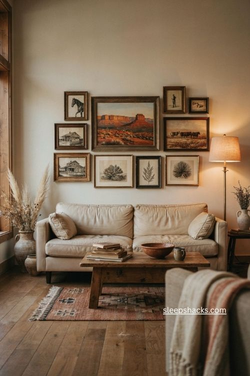 Western gallery wall with desert landscapes horse photography and vintage ranch decor