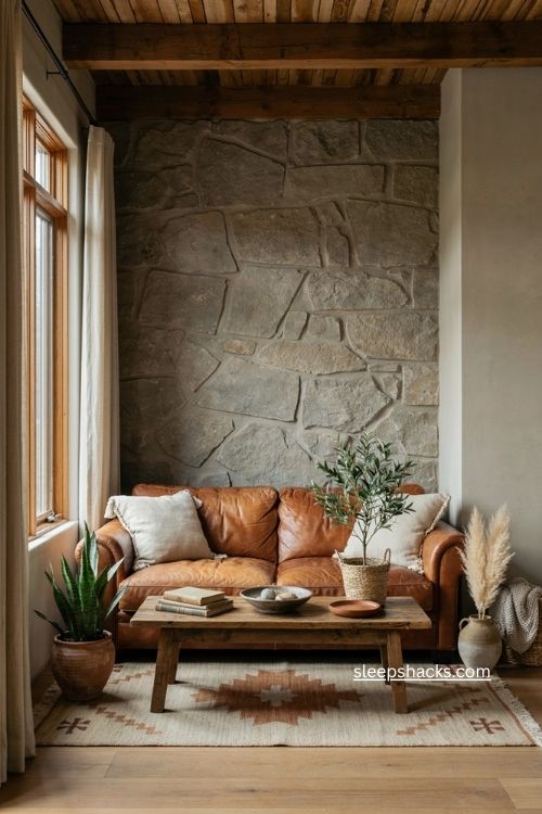 Western living room with plants leather wood stone and terracotta planters