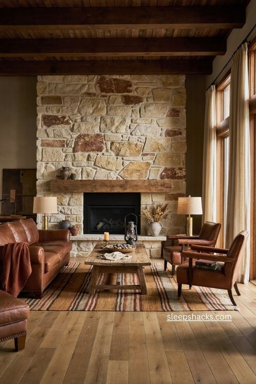 Western living room with stacked stone fireplace and rustic wood mantel