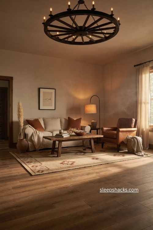 Western living room with statement wagon wheel chandelier and warm rustic decor
