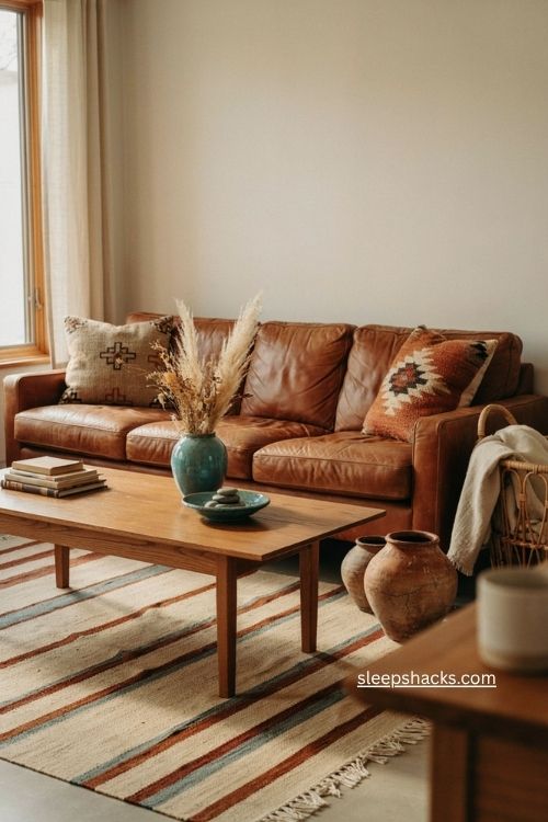 Western living room with turquoise accents brown leather and natural wood