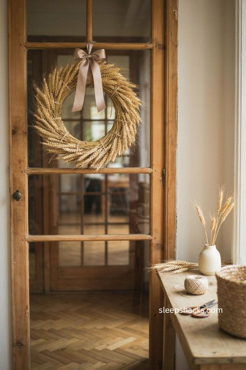Wheat horseshoe wreath Thanksgiving door decor with dried wheat stalks and soft earth tone satin bow 