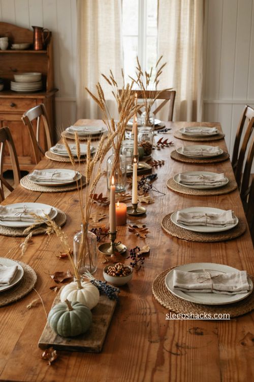Wheat stalks in simple vases for Thanksgiving table decor 