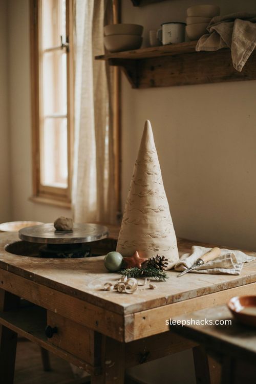 Wheel thrown ceramic tree smooth symmetrical pottery christmas tree with carved branches