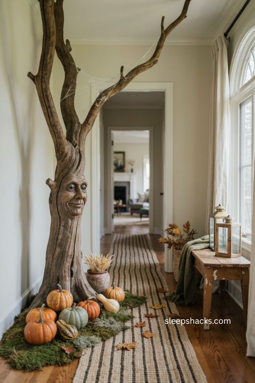 Whimsical Halloween entryway with haunted tree faux moss and personality pumpkins 